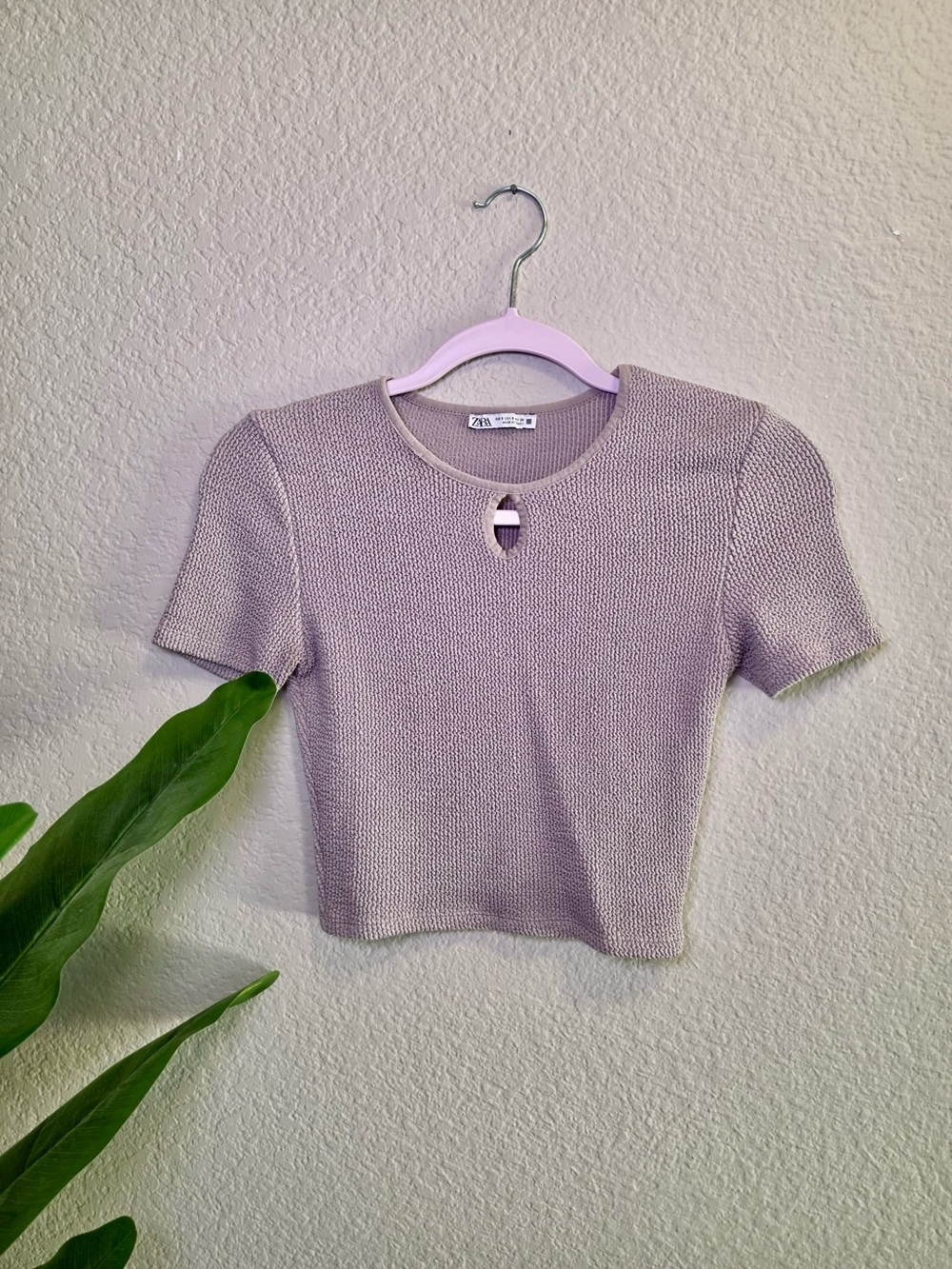Zara Taupe Textured Knit Keyhole Top Size S